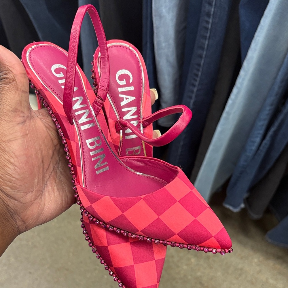 Gianni Bini Hot Pink Checkered Beaded Slingback Heels
